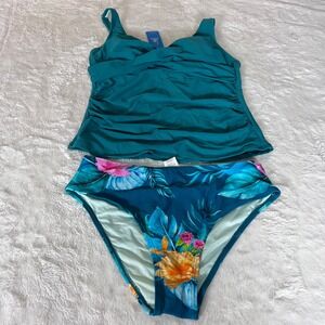 Cupshe Womens Teal Ruched Tankini Top Tropical Floral High Waist Bottoms Set M
